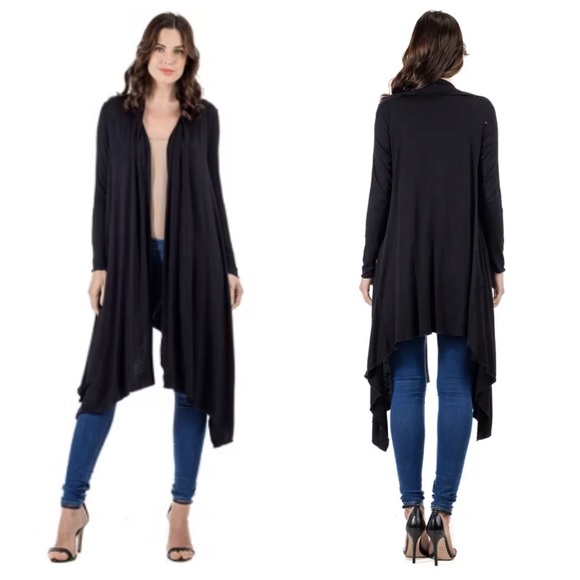 Cable & Gauge Sweaters - Women’s Black Long Open-Front Draped Cardigan Sweater Size Medium Large Viscose